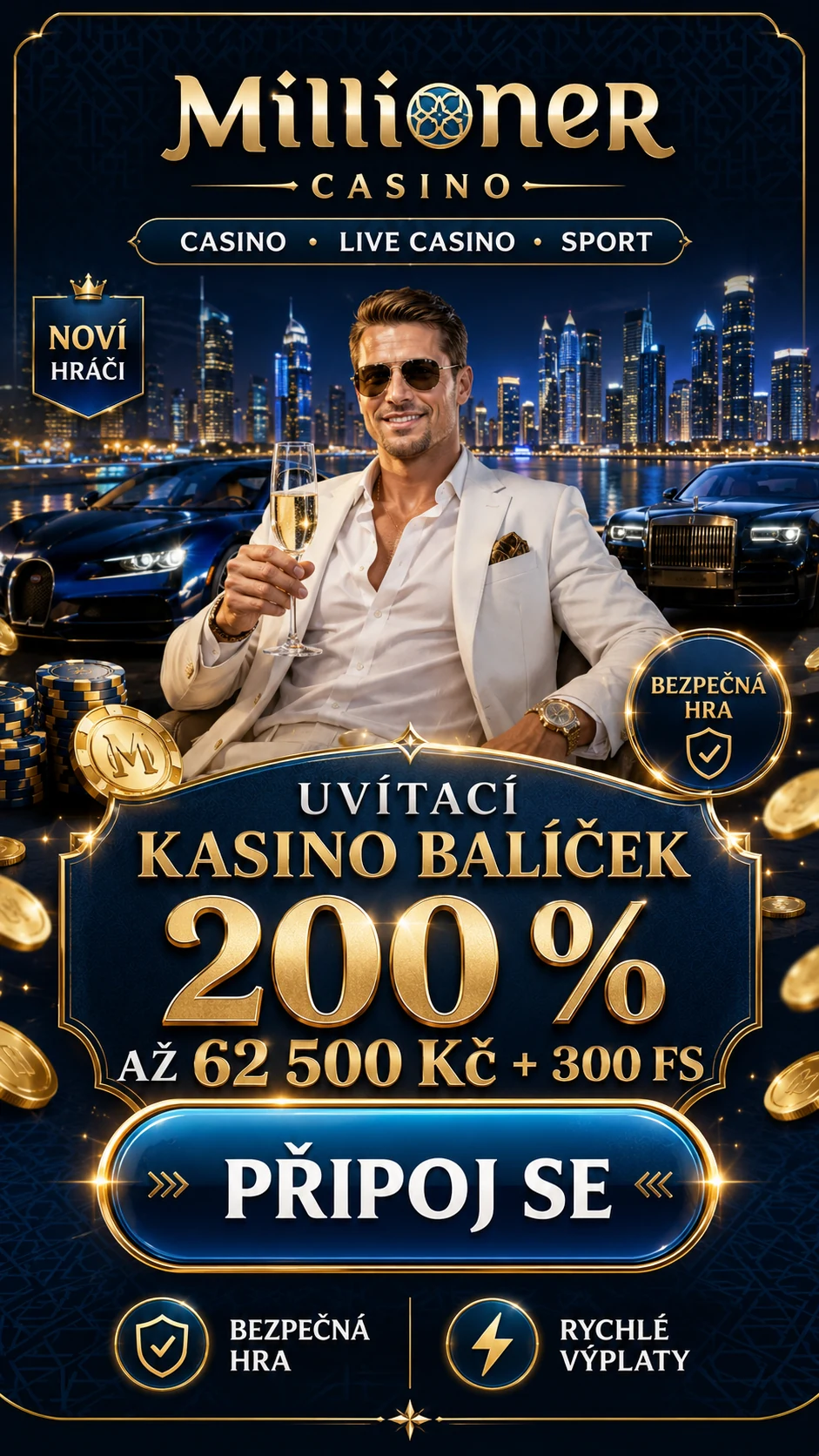 Millioner Casino — uvítací balíček 200 % až 62 500 Kč + 300 FS